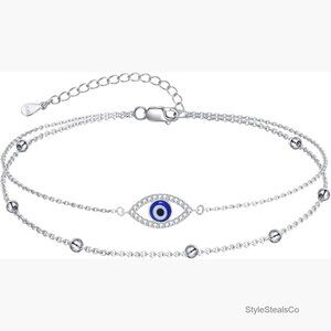 Adjustable Sterling Silver Evil Eye Bracelet, 7 Inch Chain, Protection Charm